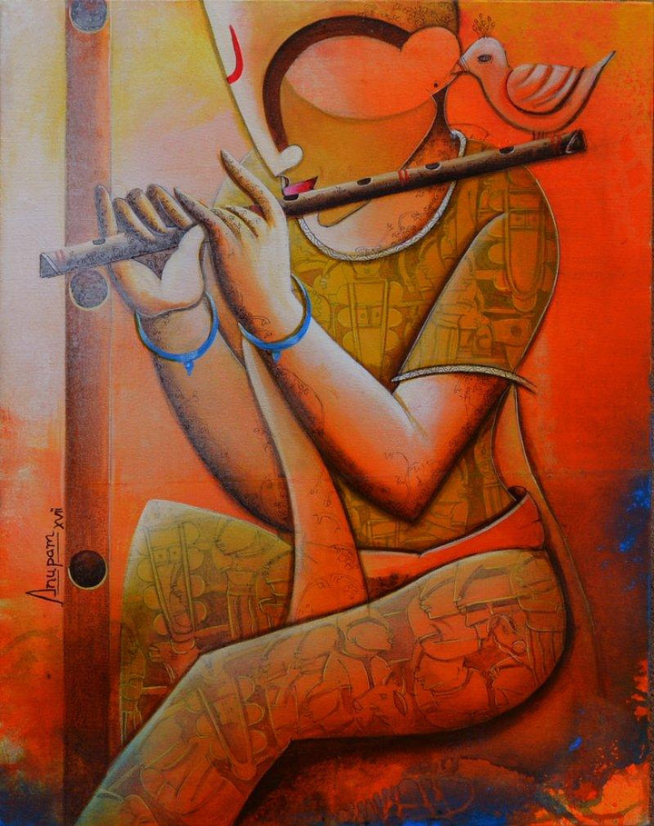 Music acrylic painting titled 'The Cupid Flute', 30x24 inches, by artist Anupam Pal on Canvas