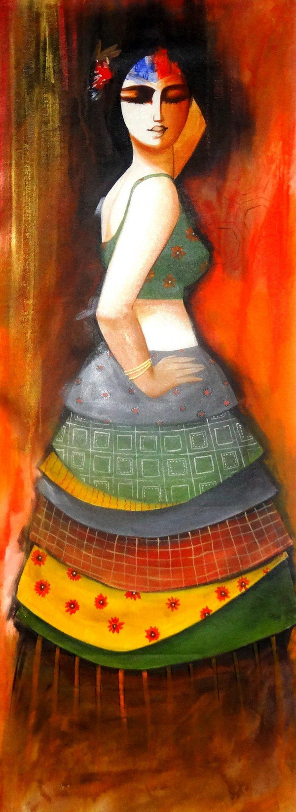 Figurative acrylic painting titled 'The Dancing Girl', 44x15 inches, by artist Kamal Devnath on Canvas