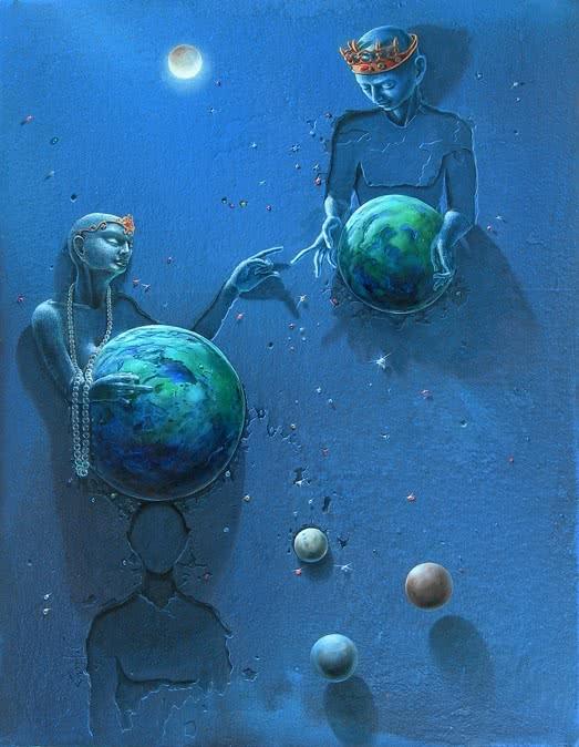 Figurative acrylic oil painting titled 'The Different Planets', 60x47 inches, by artist Gopal Chowdhury on Canvas