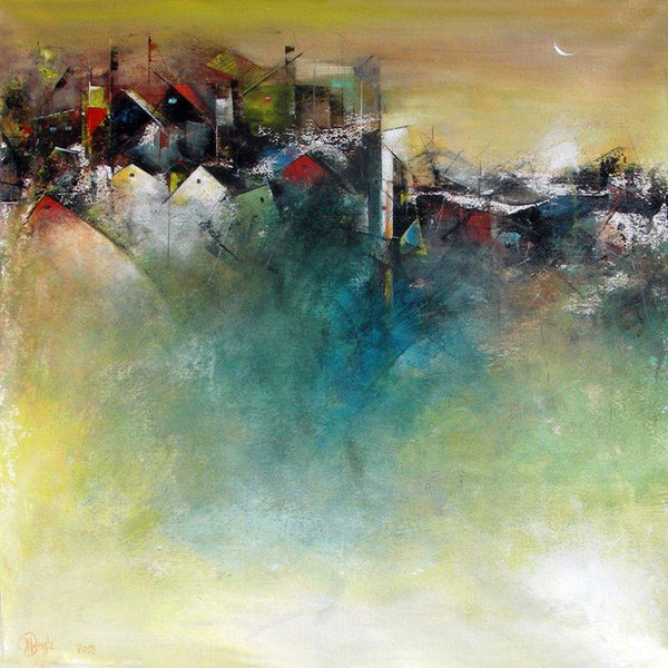 Abstract acrylic painting titled 'The Distant View Of A Village', 30x30 inches, by artist M Singh on Canvas