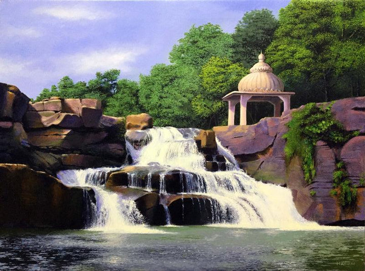 Nature acrylic painting titled 'The Divine Flow', 24x30 inches, by artist Nitin Kitukale on Canvas