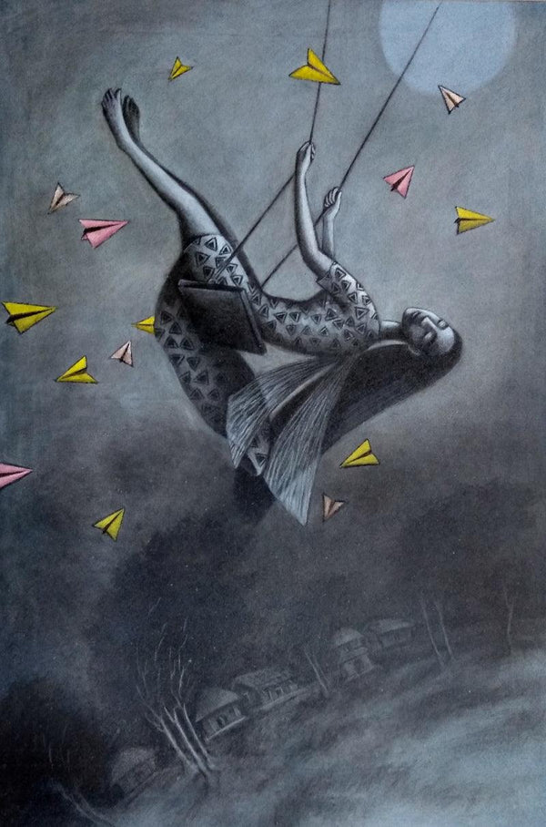 Figurative mixed media painting titled 'The Dream Flyer', 36x24 inches, by artist Uttam Bhattacharya on Canvas