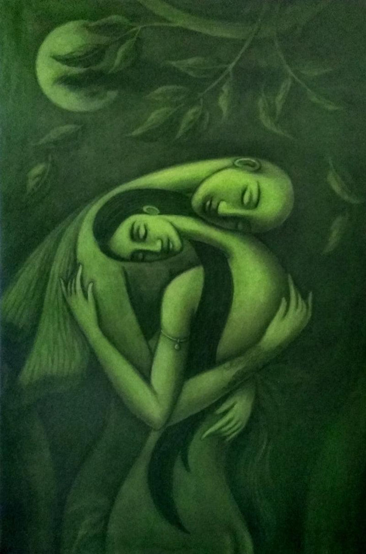 Figurative mixed media painting titled 'The Dream Lover', 36x24 inches, by artist Uttam Bhattacharya on Canvas