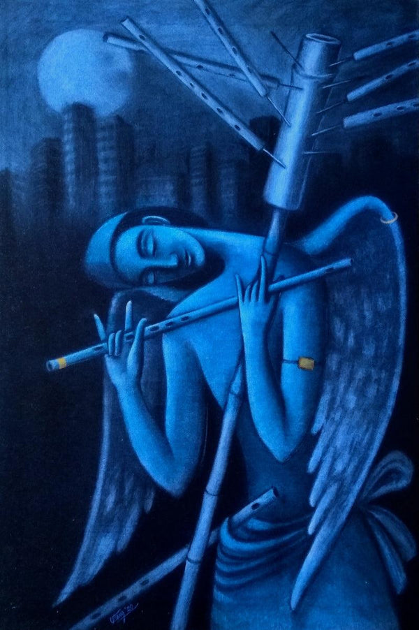 Figurative mixed media painting titled 'The Dream Seller 1', 36x24 inches, by artist Uttam Bhattacharya on Canvas