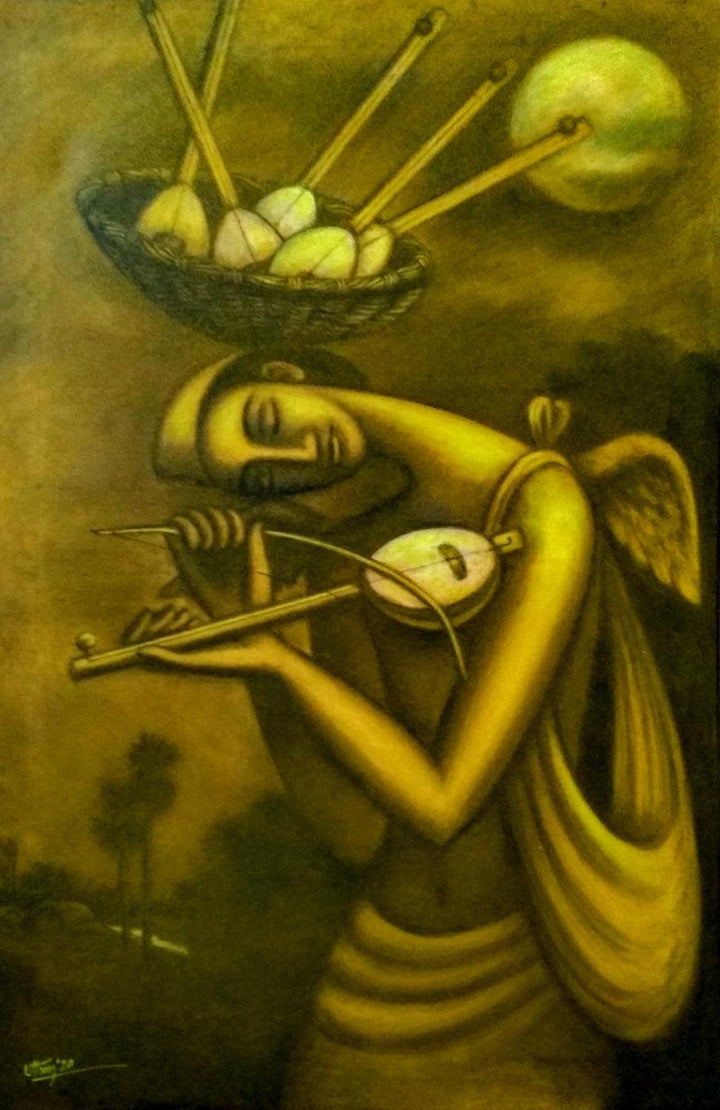 Figurative mixed media painting titled 'The Dream Seller 2', 36x24 inches, by artist Uttam Bhattacharya on Canvas