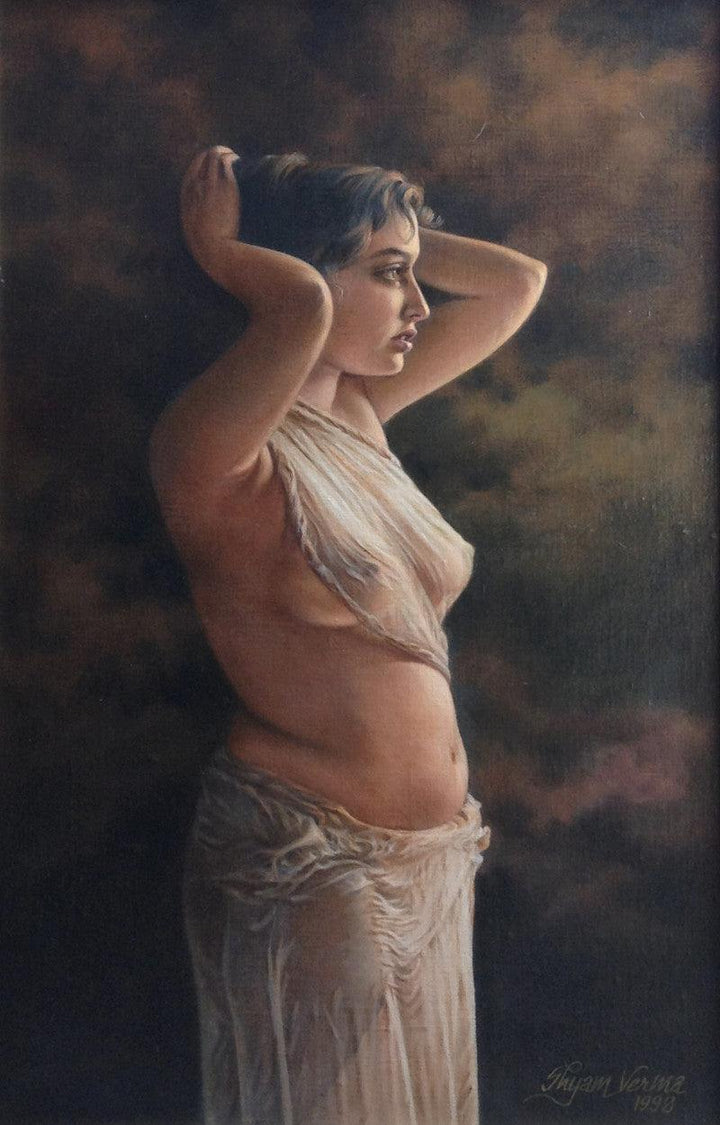 Nude oil painting titled 'The Drenched Girl', 39x28 inches, by artist Shyam Verma on Canvas