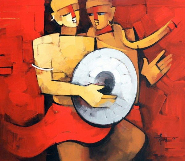 Figurative acrylic painting titled 'The Drummer 1', 42x48 inches, by artist Deepa Vedpathak on Canvas