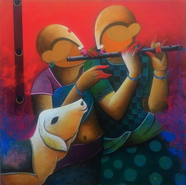 Animals acrylic painting titled 'The Dual Flautist', 36x36 inches, by artist Anupam Pal on Canvas