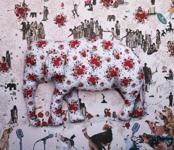 Animals 3d painting titled 'The Elephant Keeps On Walking As Dogs', 66x76 inches, by artist Pranita Das on Canvas