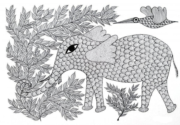 Folk Art gond traditional art titled 'The Elephant Of Good Fortune Gond Art', 10x14 inches, by artist Umaid Singh Patta on Paper