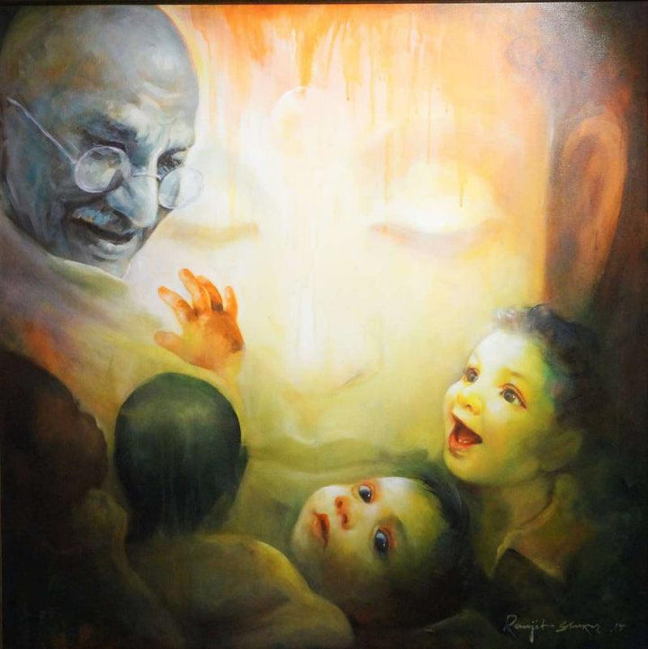 Figurative acrylic painting titled 'The Emotional Watching 4', 36x36 inches, by artist Ranjit Sarkar on Canvas