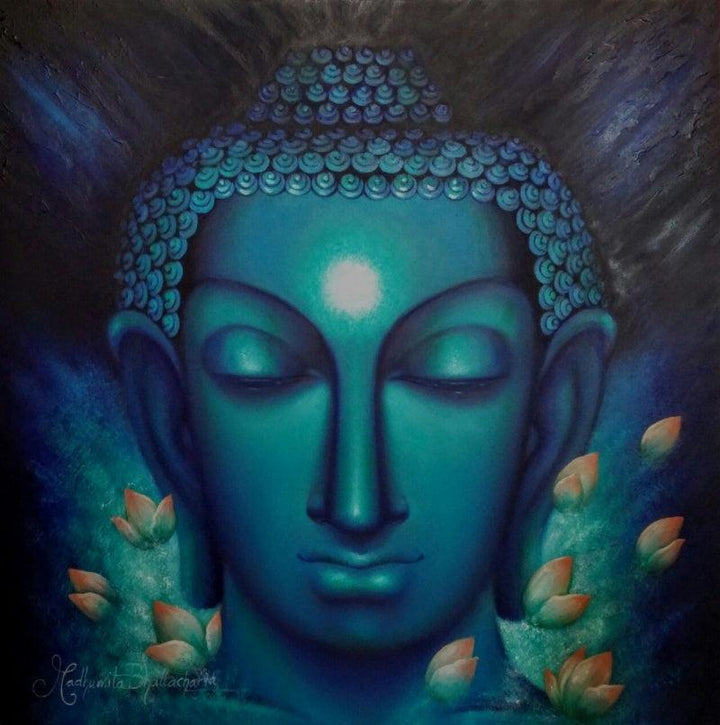 Religious oil painting titled 'The Enlightened One', 30x30 inches, by artist Madhumita Bhattacharya on Canvas