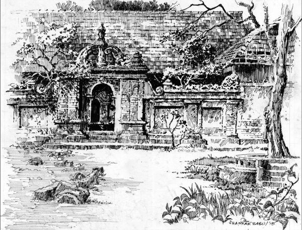 Scenic pen drawing titled 'The Entrance', 11x14 inches, by artist Sankara Babu on Paper