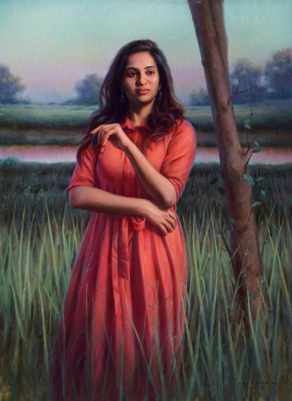 Figurative oil painting titled 'The Evening Red', 41x30 inches, by artist Siddharth Gavade on Linen