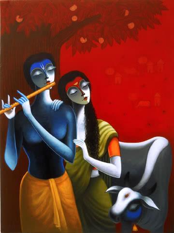 Figurative acrylic painting titled 'The Family Of Krishna', 48x36 inches, by artist Santosh Chattopadhyay on Canvas