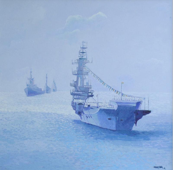 Seascape acrylic painting titled 'The Fighter', 24x24 inches, by artist Mansing Jadhav on Canvas