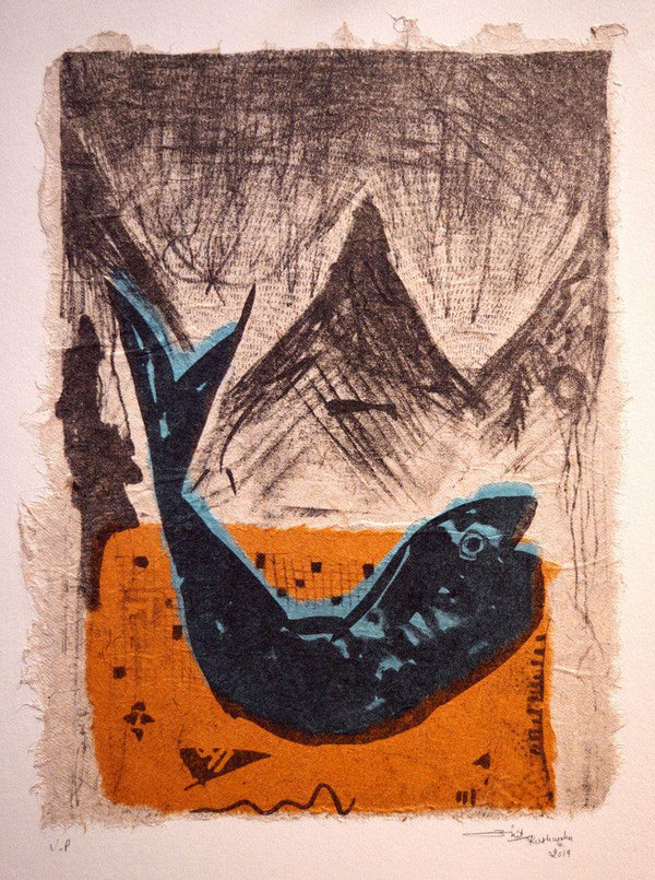 contemporary printmaking titled 'The Fish', 15x12 inches, by artist Ankit Kushwaha on Paper