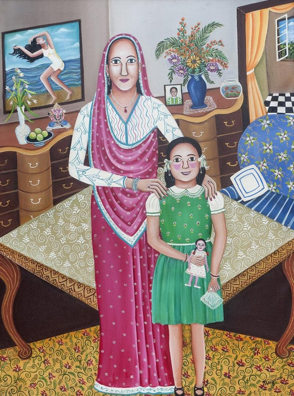 Figurative oil painting titled 'The Flight Of The Girl Child', 48x36 inches, by artist Nayanaa Kanodia on Canvas