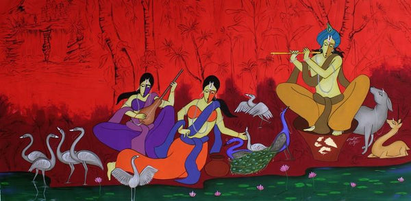 Figurative acrylic painting titled 'The Flutist', 39x79 inches, by artist Chetan Katigar on Canvas