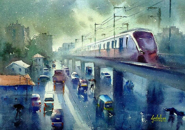 Cityscape watercolor painting titled 'The Flying Metro', 18x13 inches, by artist Gulshan Achari on Paper