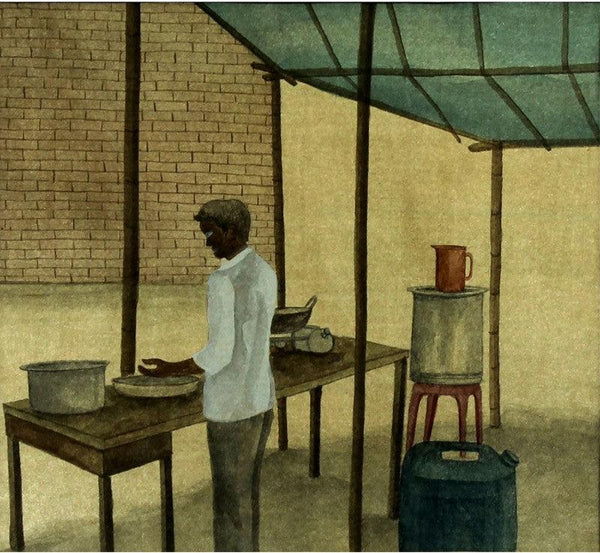 Figurative watercolor painting titled 'The Food Stall', 17x18 inches, by artist Gulab Kapadiya on Paper