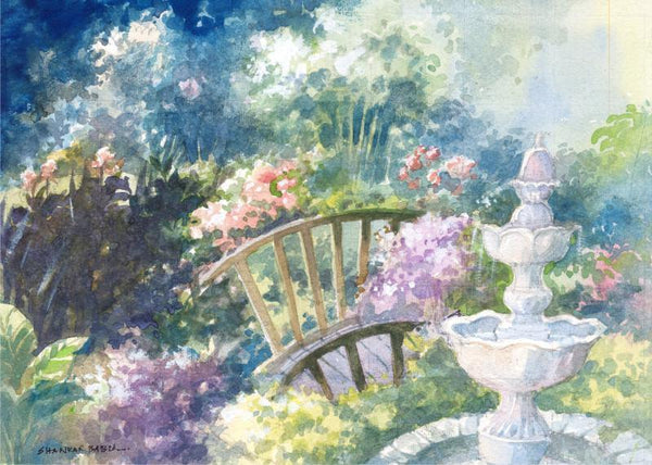 Scenic watercolor painting titled 'The Fountain', 10x14 inches, by artist Sankara Babu on Paper