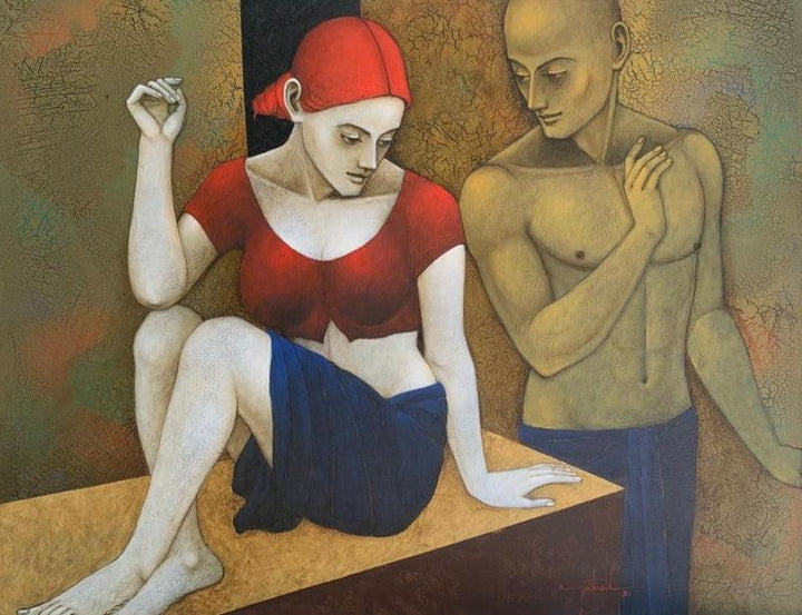 Figurative acrylic oil painting titled 'The Gaze 2', 42x53 inches, by artist Asit Kumar Patnaik on Canvas