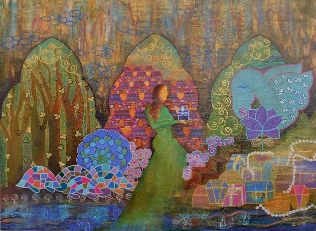 Figurative mixed media painting titled 'The Gifts', 27x37 inches, by artist Poonam Agarwal on Canvas