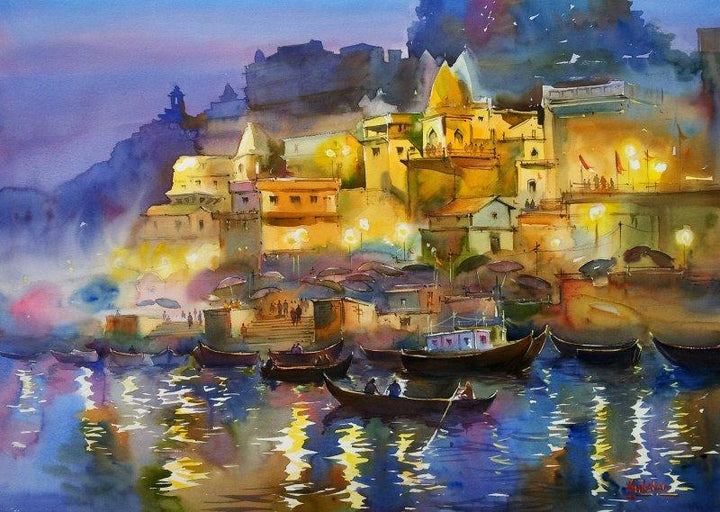 Scenic watercolor painting titled 'The Glowing Banaras', 28x20 inches, by artist Gulshan Achari on Paper