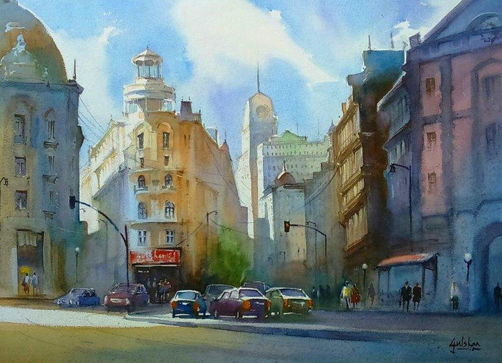 Cityscape watercolor painting titled 'The Glowing Drapery', 28x20 inches, by artist Gulshan Achari on Paper