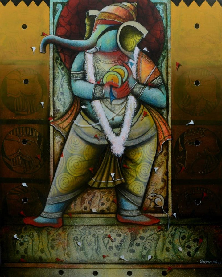 Religious acrylic painting titled 'The god of wisdom 2', 60x48 inches, by artist Anupam Pal on canvas