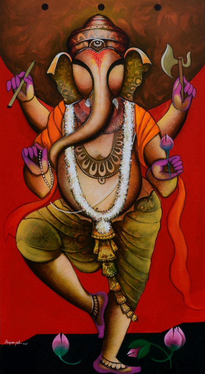 Religious acrylic painting titled 'The god of wisdom 5', 66x36 inches, by artist Anupam Pal on canvas