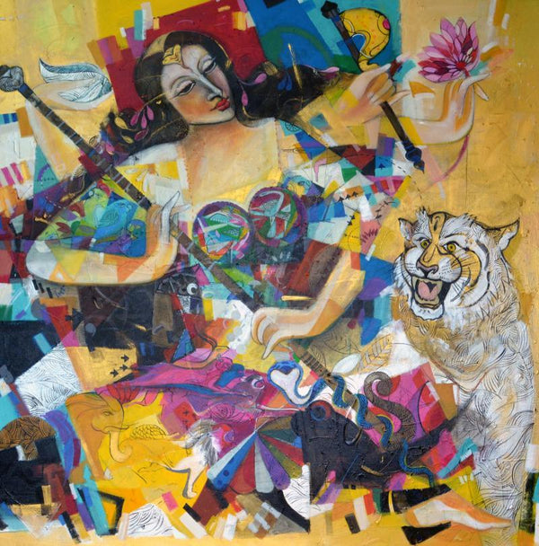 Religious acrylic painting titled 'The Goddess', 60x60 inches, by artist Madan Lal on Canvas