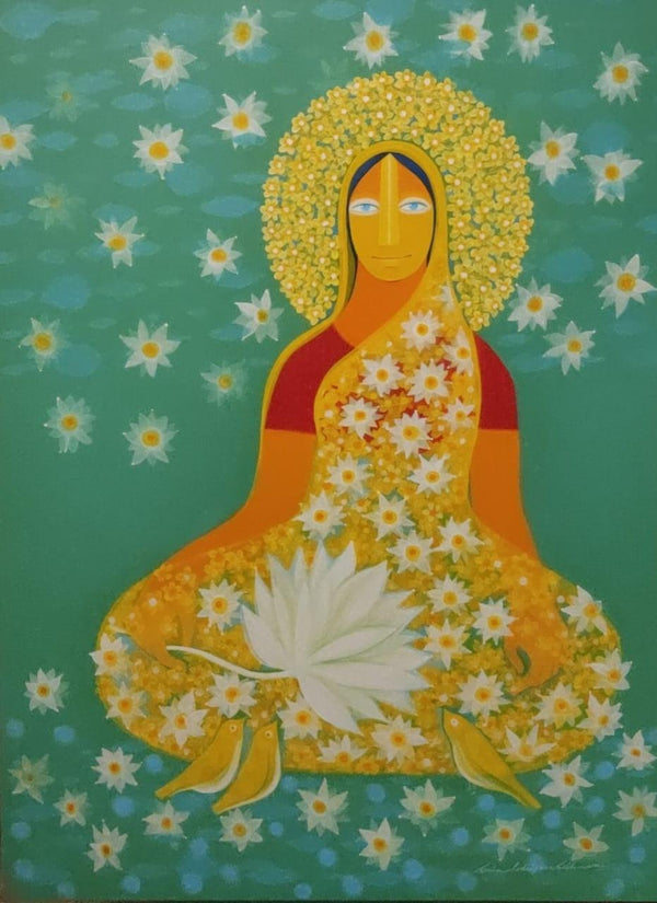 Figurative acrylic painting titled 'The Goddess Of Abundance', 48x36 inches, by artist Sonia Rodrigues on Canvas