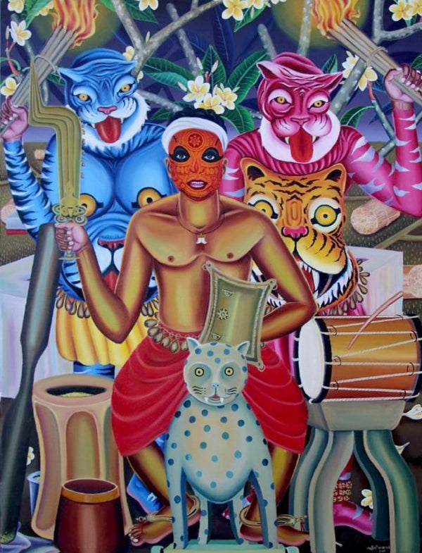 Religious oil painting titled 'The Godman Accompanied With Leopards', 48x36 inches, by artist Rejeesh Sarovar on Canvas