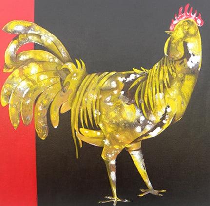 Figurative acrylic painting titled 'The Golden Hen', 24x24 inches, by artist Abhiram Bairu on Canvas