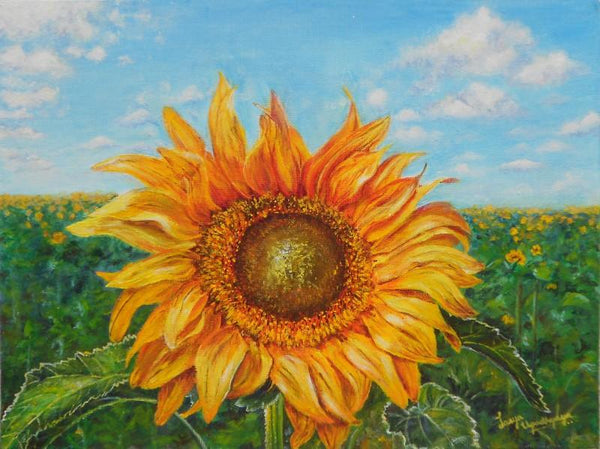 Nature acrylic painting titled 'The golden sunflower', 16x12 inches, by artist Lasya Upadhyaya on Canvas Board