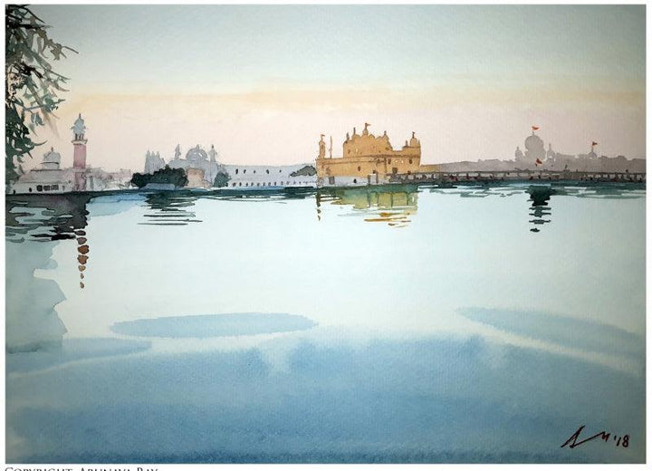 Cityscape watercolor painting titled 'The Golden Temple Amritsar India', 7x11 inches, by artist Arunava Ray on Paper