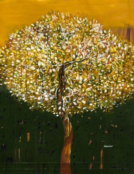 Nature acrylic painting titled 'The Golden Tree', 30x22 inches, by artist Bhaskar Rao on Canvas