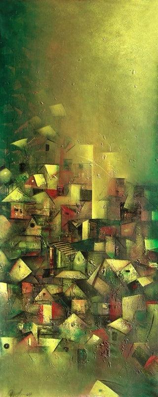 Abstract acrylic painting titled 'The Golden Village', 60x24 inches, by artist M Singh on Canvas