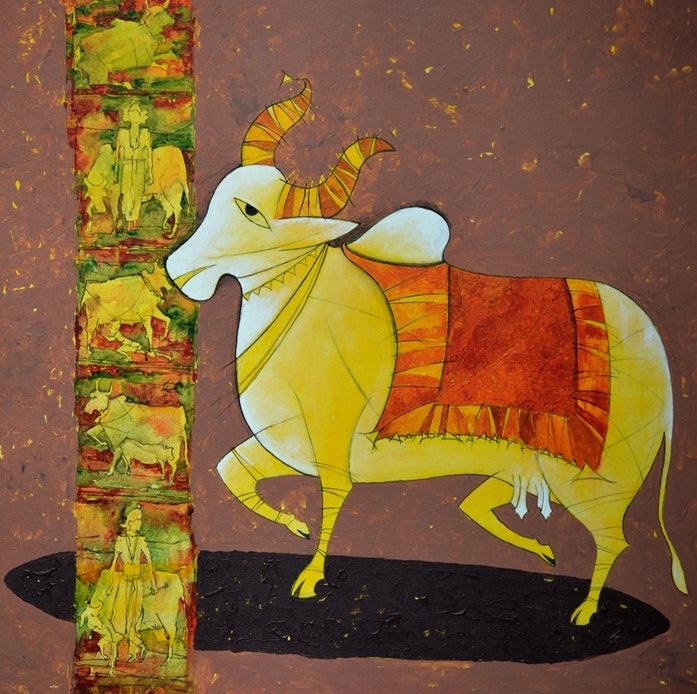 Religious acrylic painting titled 'The Gomata', 30x30 inches, by artist Prashant Kulkarni on Canvas