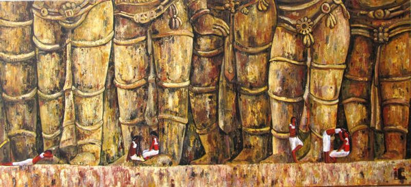 Surrealist acrylic painting titled 'The Grand Welcome', 60x27 inches, by artist Suruchi Jamkar on Canvas