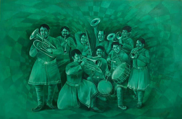 Expressionist oil painting titled 'The Green Band', 72x48 inches, by artist Durshit Bhaskar on Canvas