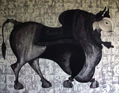 Animals acrylic painting titled 'The Grey Bull', 52x42 inches, by artist Vivek Kumavat on Canvas