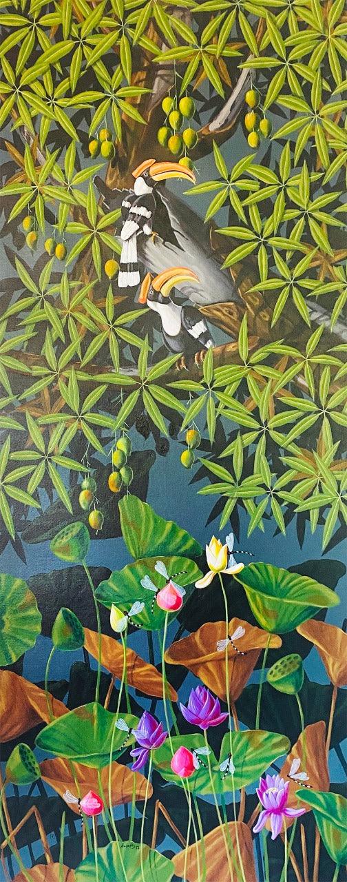 Animals acrylic painting titled 'The Hornbills 102', 84x36 inches, by artist Varghese Kalathil on Canvas