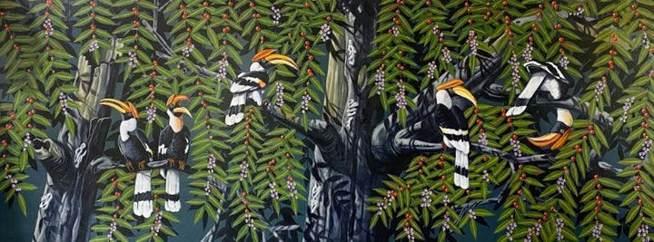 Animals acrylic painting titled 'The Hornbills 103', 36x96 inches, by artist Varghese Kalathil on Canvas