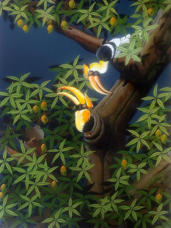 Animals acrylic painting titled 'The Hornbills 107', 48x36 inches, by artist Varghese Kalathil on Canvas