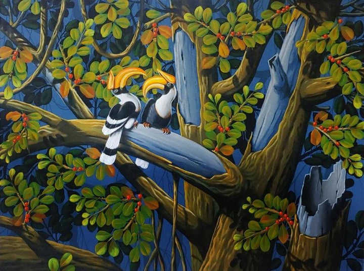 Animals acrylic painting titled 'The Hornbills 108', 36x48 inches, by artist Varghese Kalathil on Canvas