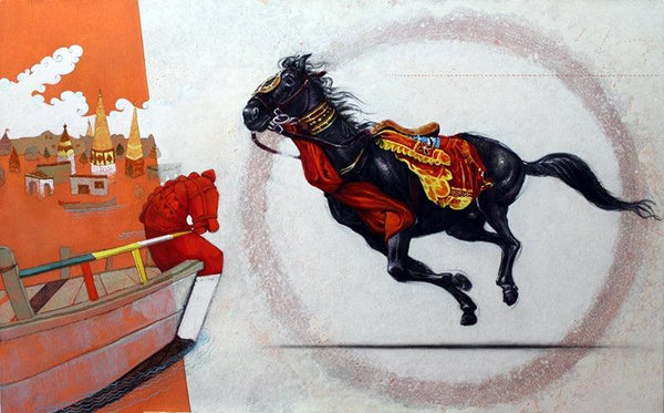 Animals acrylic charcoal painting titled 'The Horse Of God', 30x48 inches, by artist Ramchandra Kharatmal on Canvas