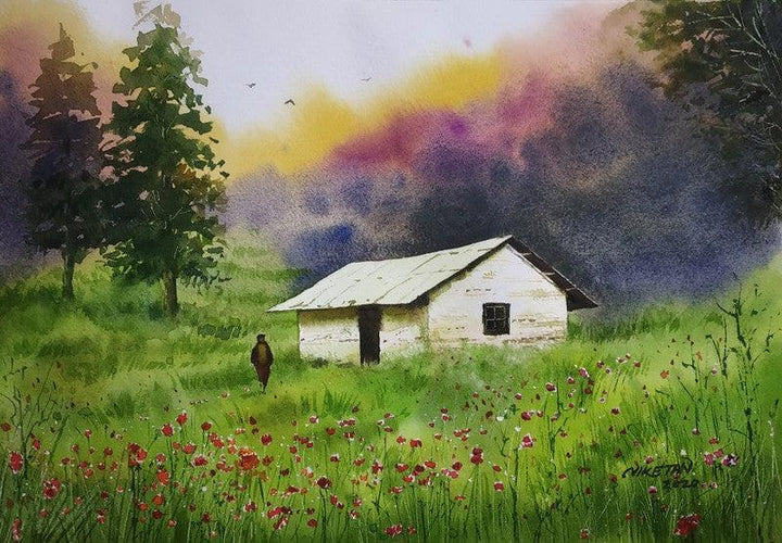 Landscape watercolor painting titled 'The House On The Hill', 12x8 inches, by artist Niketan Bhalerao on On Paper